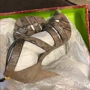 brown Tory Burch Sandals with 4in heel.